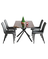 Streamdale Furniture 59-inch Expandable Dining Table Set with 4 Gray Chairs, Black Glass Top & X-Base