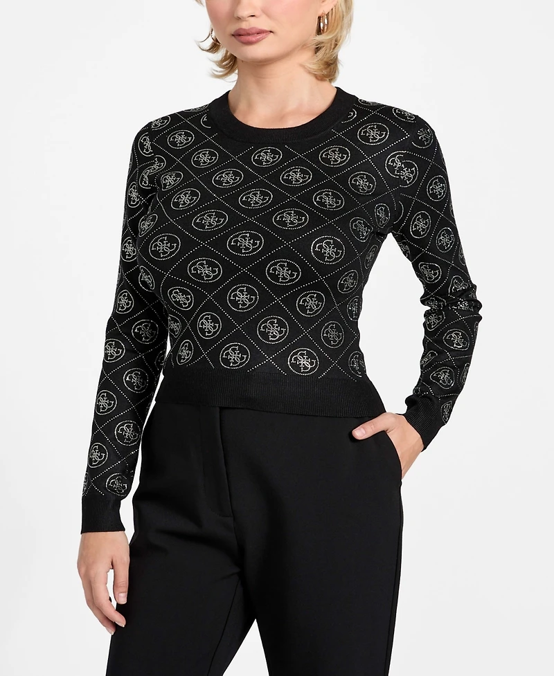 Guess Women's Long-Sleeve Crewneck Rhinestones 4G Sweater