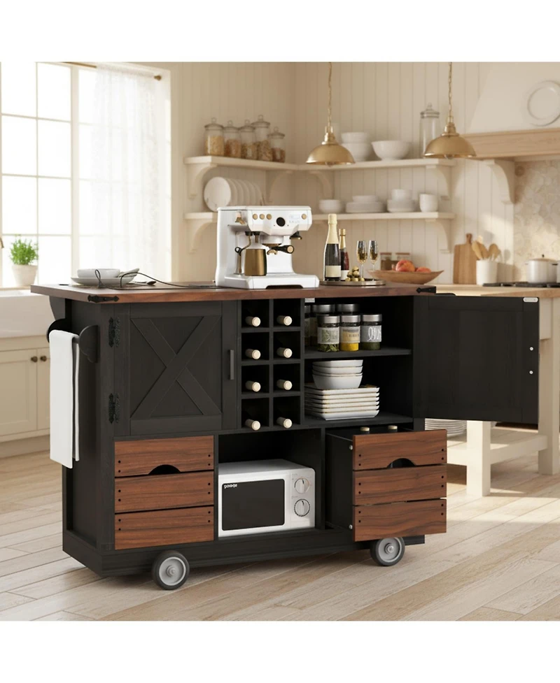 Streamdale Furniture Farmhouse Kitchen Island with Drop Leaf and Power Outlet