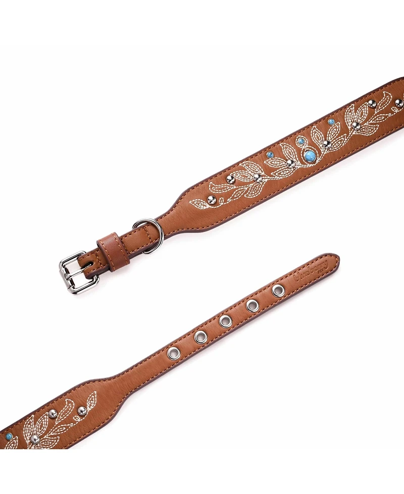 Blueberry Pet Western Style Full Grain Genuine Leather Embroidered Dog Collar with Pearl or Turquoise Studs