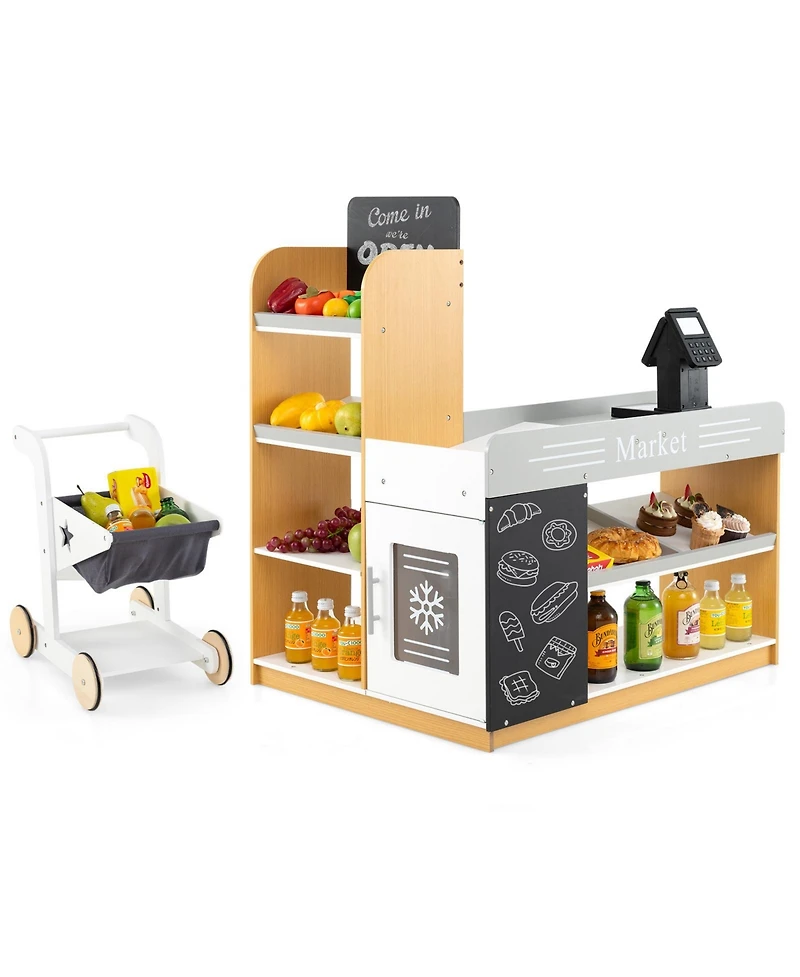 Skonyon Wooden Supermarket Playset with Checkout Counter & Shopping Cart