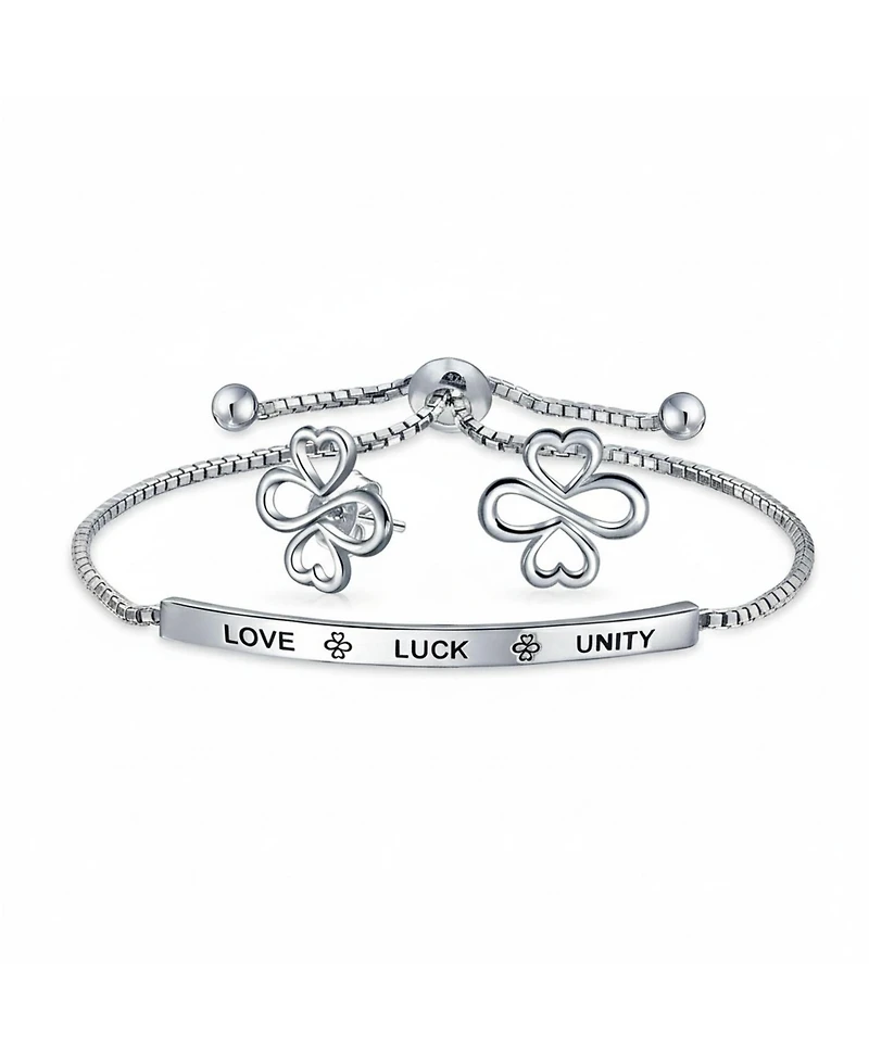 Bling Jewelry Heart Infinity Clover Love, Luck & Unity Bolo Bracelet & Stud Earrings Jewelry Set Sterling Silver Adjustable