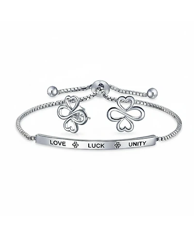 Bling Jewelry Heart Infinity Clover Love, Luck & Unity Bolo Bracelet & Stud Earrings Jewelry Set Sterling Silver Adjustable