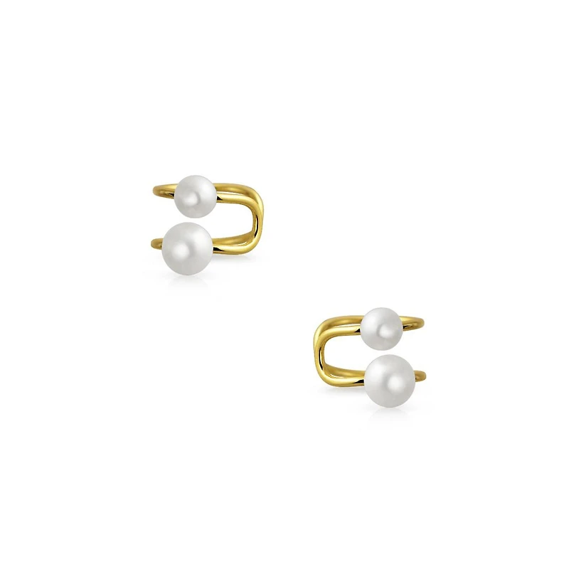 Bling Jewelry Set of 2 Dainty Ribbon Bow & Spiral Pearl Wrap Helix Cartilage Ear Cuff Earrings Gold Plated Sterling Silver