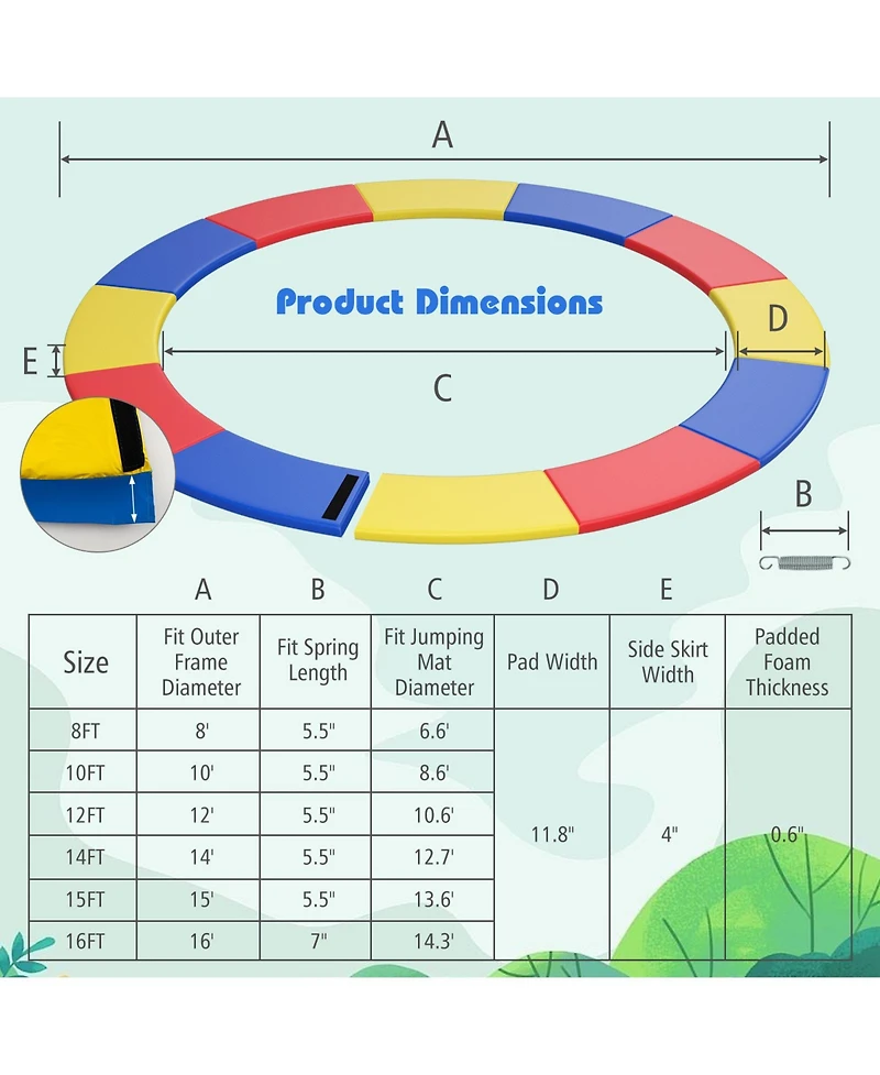 Hongge 12FT Trampoline Replacement Safety Pad with Secure Fixing Straps - Multicolor