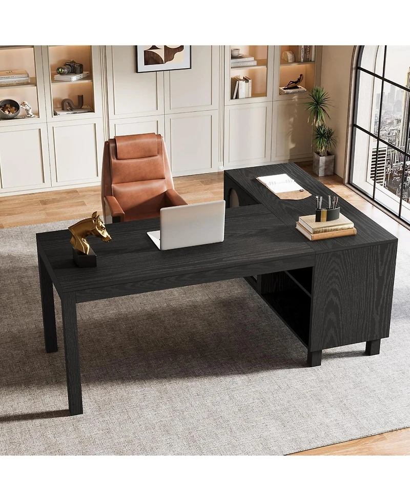 Tribesigns 59" Executive L Shaped Desk with File Cabinet, Farmhouse Wood Computer Coner Desk with Storage Shelves