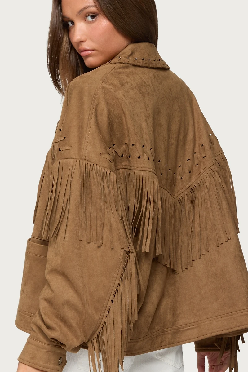 Edikted Women's Evonka Fringe Faux Suede Jacket