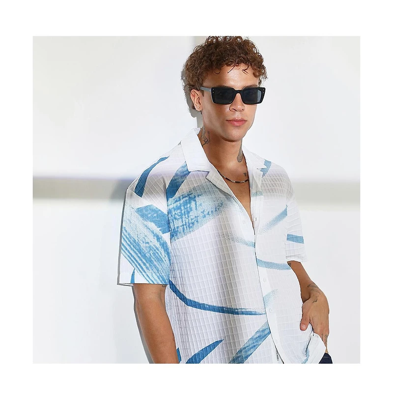 Campus Sutra Men's Sky Blue & Chalk White Stroked Waffle Oversized Shirt