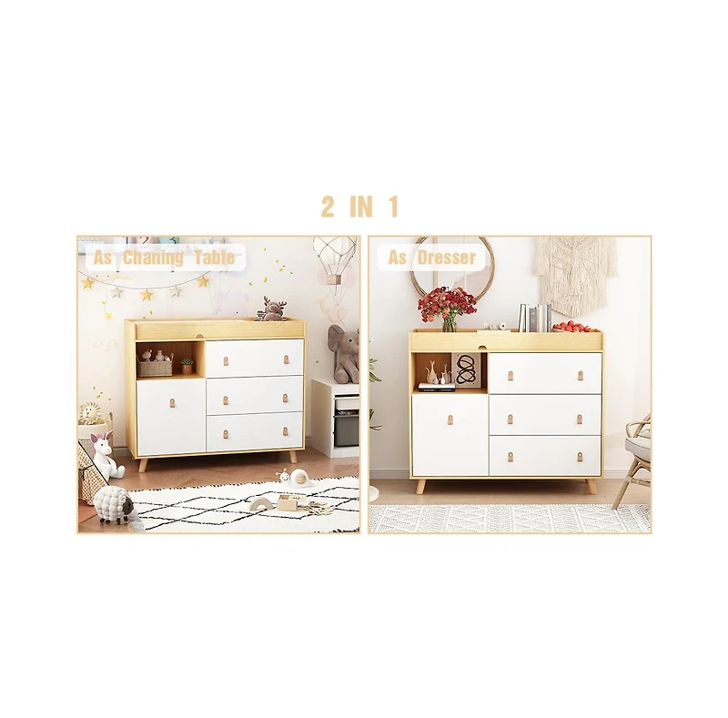 Diaper table with three drawers, baby changing station with multiple storage compartments, natural wood