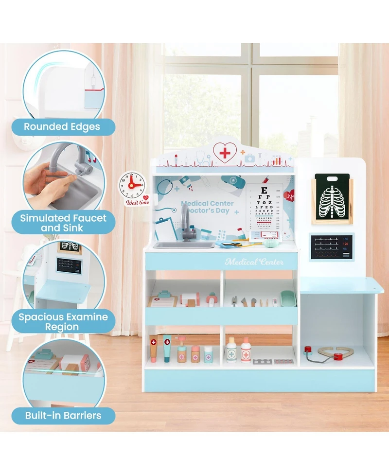 Hongge Wooden Doctor Playset with Stethoscope and Medical Tools for Toddlers Ages 3+ - Blue