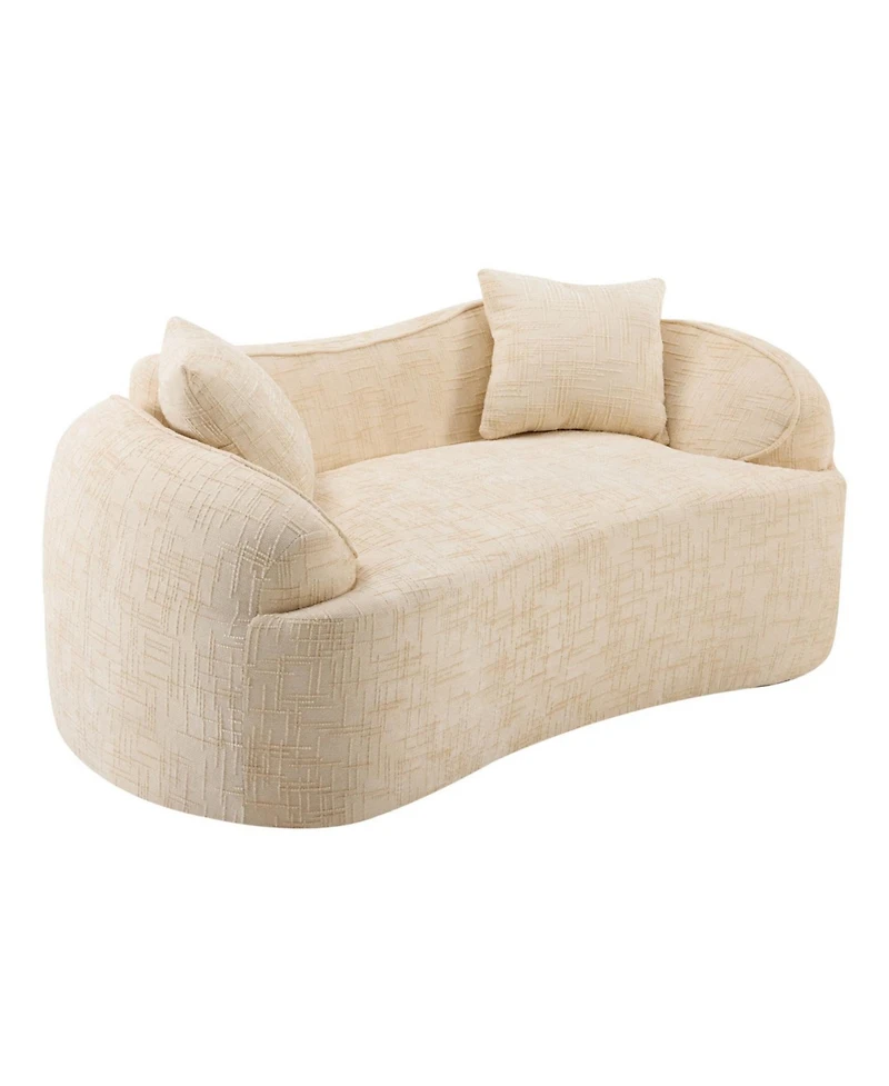 Streamdale Furniture Beige curved two-person compress sofa with armrests and two pillows.