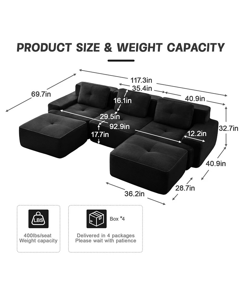 Streamdale Modern U-Shaped Corduroy Sectional Sofa with Movable Ottoman, Black