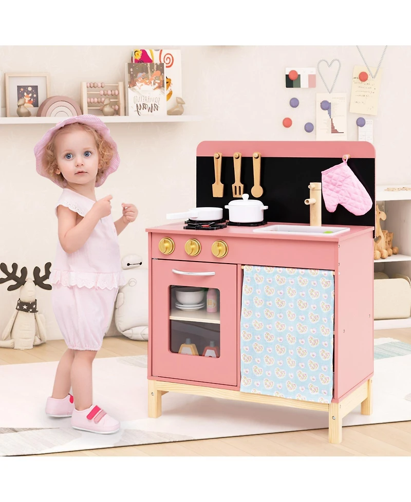 Hongge Wooden Play Kitchen for Kids with Door Curtain and Cooking Accessories - Pink