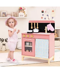 Hongge Wooden Play Kitchen for Kids with Door Curtain and Cooking Accessories - Pink