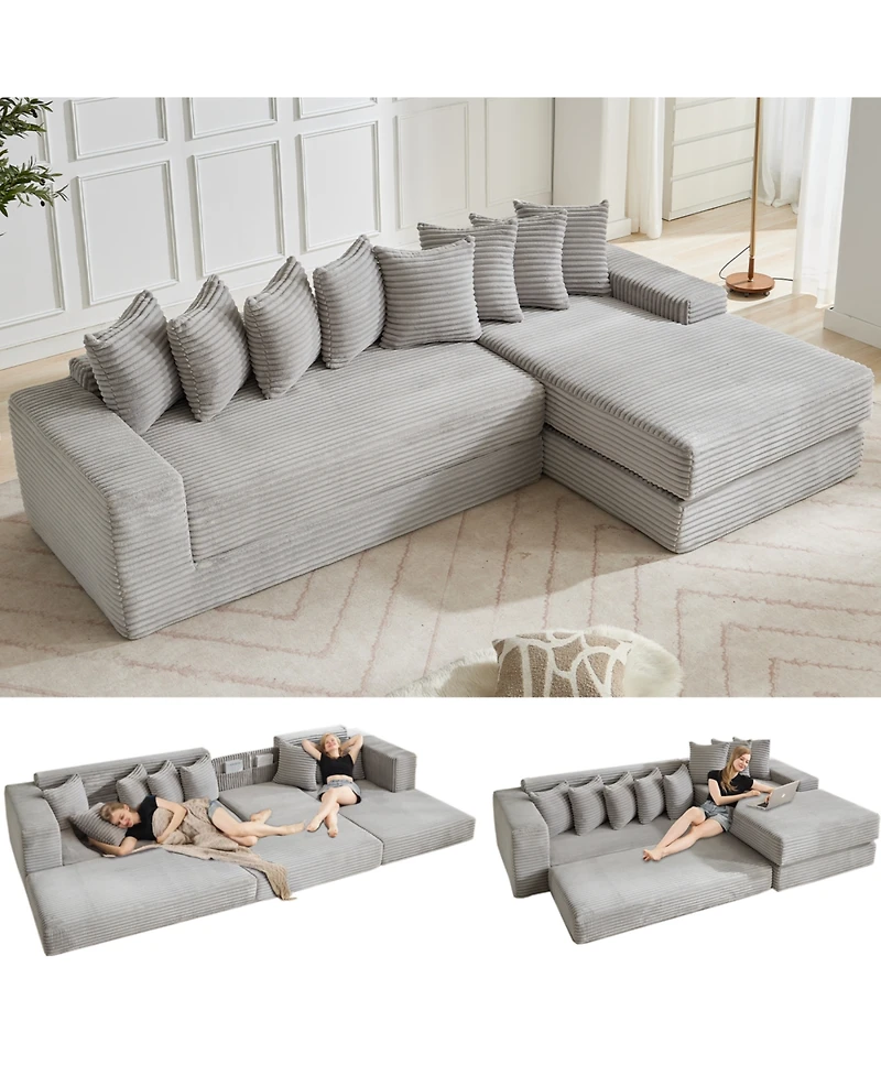 Streamdale Furniture Streamdale Oversize Cloud Couch L-Shape Sofa Convertible Floor Sleeper, No Assembly, 8 Pillows, Gray