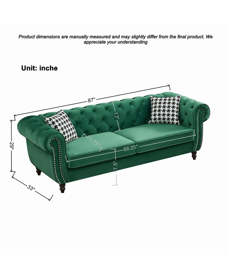Streamdale Furniture Chesterfield Velvet Sofa with Roll Armrest & Nailhead, Green