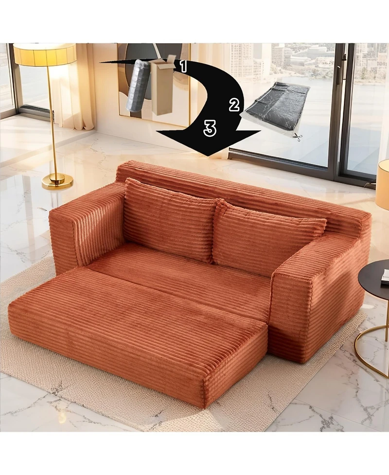 Streamdale Furniture Streamdale Orange Corduroy Loveseat Sofa with Memory Foam & Steel Frame - Convertible 2-in-1 Design