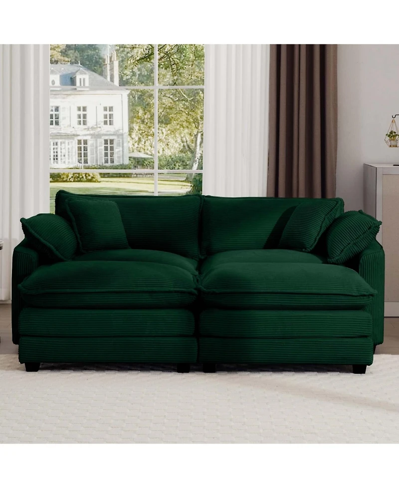 Streamdale Furniture Green Corduroy Two-Seater Sofa with 2 Footrests/Ottoman