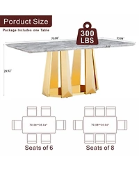 Streamdale Furniture Streamdale Marble Dining Table for 6, 70" Rectangle Faux Marble w/ Mirrored Stainless Steel Base (Gold, Gray