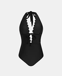 Cupshe Women's Halter Deep V-Neck Scalloped One Piece Swimsuit