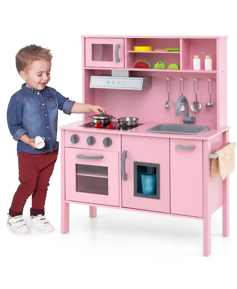 Hongge Wooden Pretend Play Kitchen Set for Toddlers with Accessories - Pink