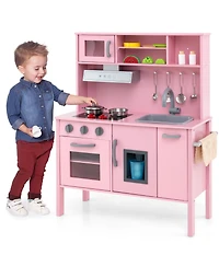 Hongge Wooden Pretend Play Kitchen Set for Toddlers with Accessories - Pink