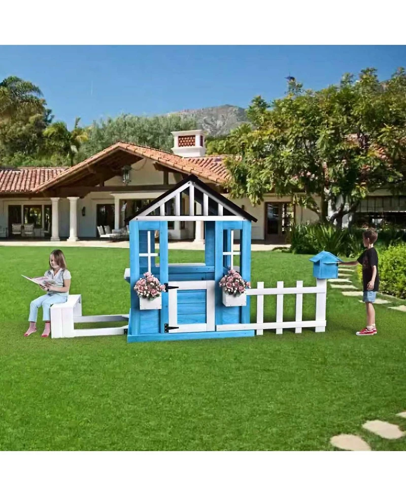 Streamdale Outdoor Wooden Kids Playhouse w/Picnic Bench, Mailbox, Fence, Flowerpot Holders