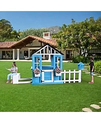 Streamdale Outdoor Wooden Kids Playhouse w/Picnic Bench, Mailbox, Fence, Flowerpot Holders