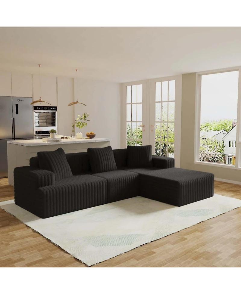 Streamdale Furniture Comfy Corduroy Compression Sectional Couch with Chaise, Black Sofas