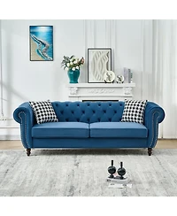 Streamdale Furniture Streamdale Blue Chesterfield Velvet Sofa with Roll Armrest & Nailhead
