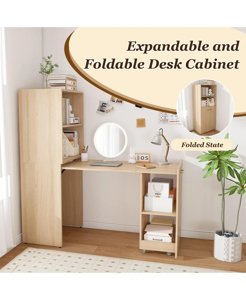 Streamdale Furniture Streamdale Stretchable office desk with storage, wheels, foldable, burlywood