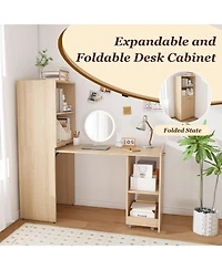 Streamdale Furniture Streamdale Stretchable office desk with storage, wheels, foldable, burlywood