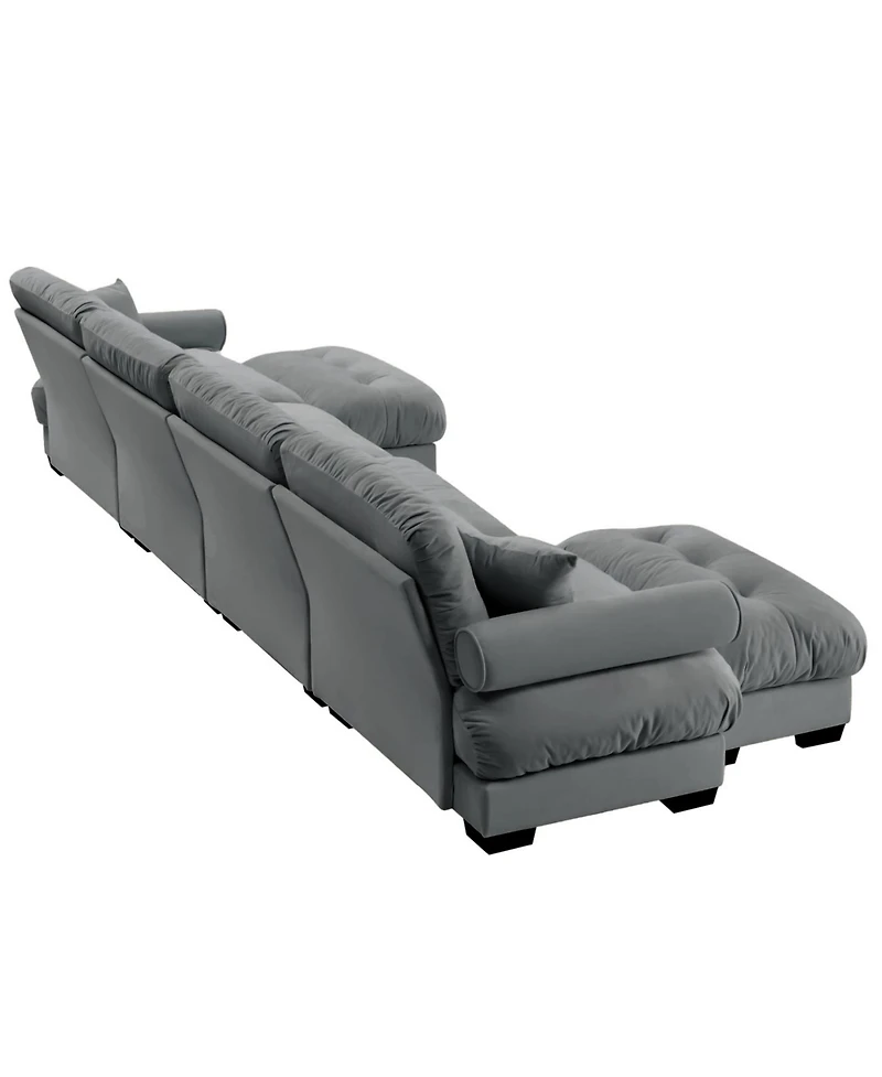 Streamdale Furniture U Shaped Sectional Sofa Cloud Couch with Movable Ottomans, Convertible 4 Seater Grey Velvet Couch.