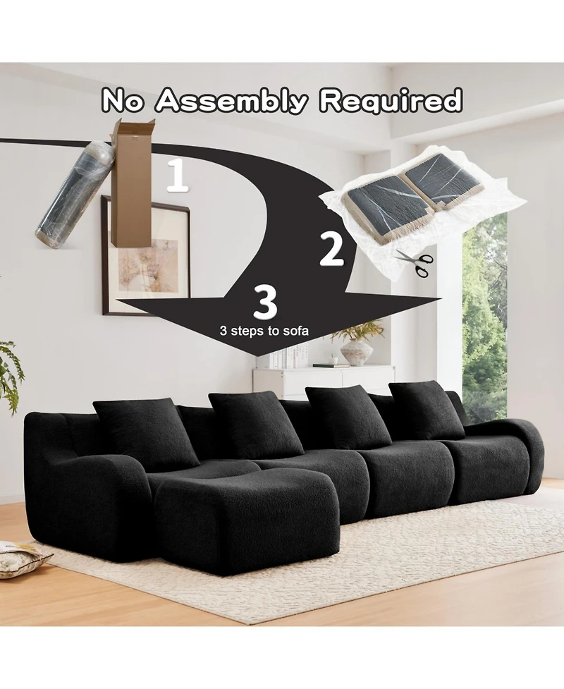 Streamdale Furniture Streamdale L-Shaped 4-Seat Boneless Sofa, Teddy Fabric, No Assembly, Black