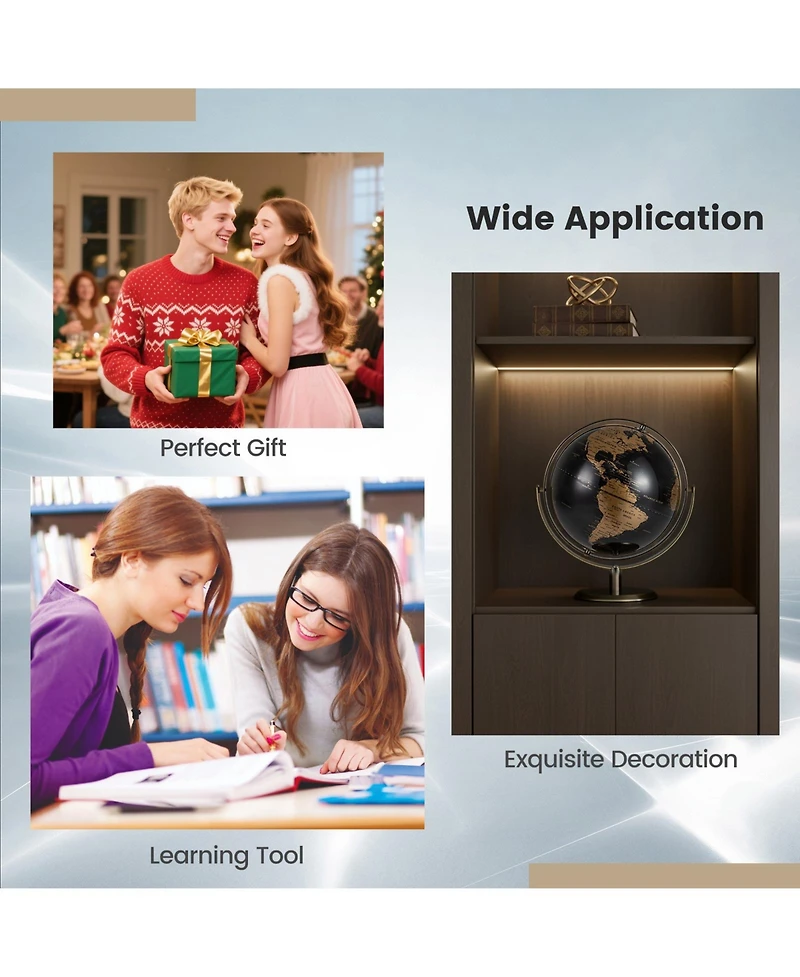 Hongge 9-Inch Metallic Black and Gold World Globe with Sturdy Metal Base