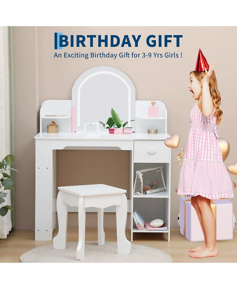 gaomon Kids Vanity with Lighted Mirror & Stool, Little Girls Vanity with Adjustable Led Light, Bookshelf