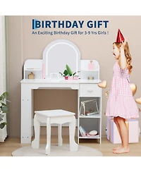 gaomon Kids Vanity with Lighted Mirror & Stool, Little Girls Vanity with Adjustable Led Light, Bookshelf