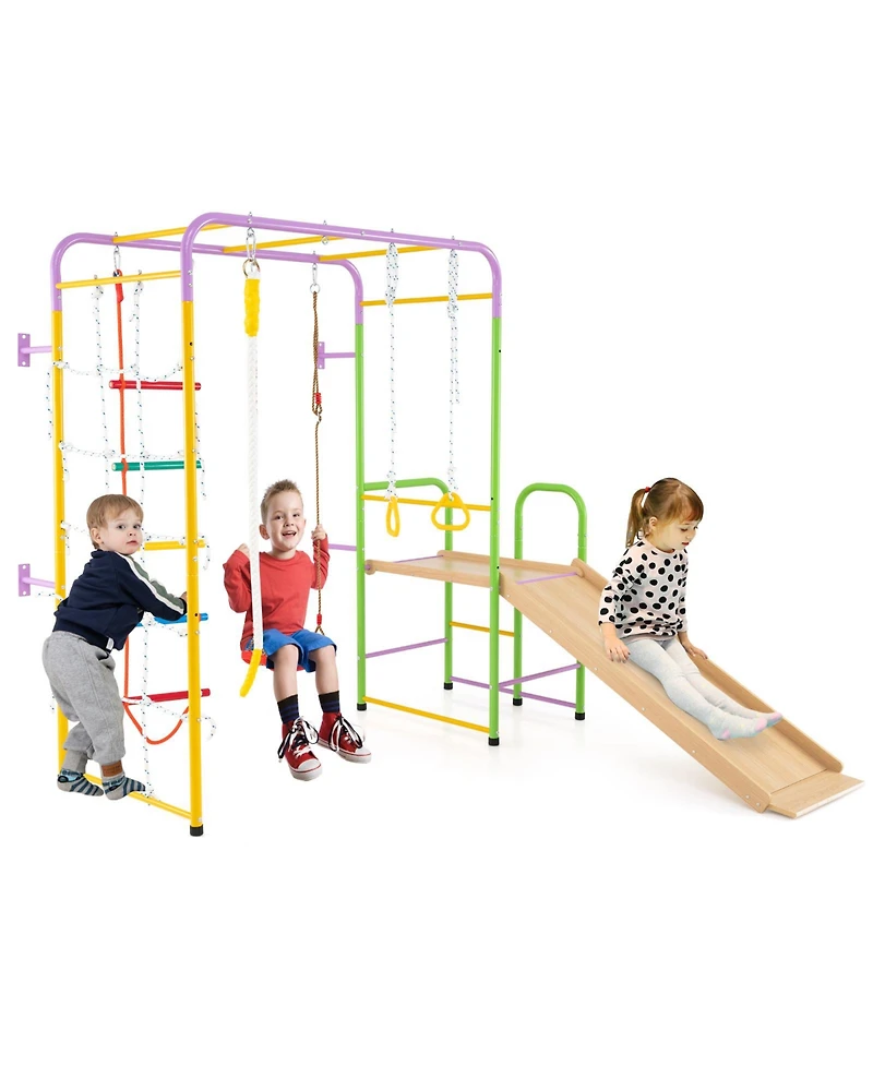 Hongge 8-in-1 Metal Indoor Jungle Gym Playset with Climbing Bars and Swing