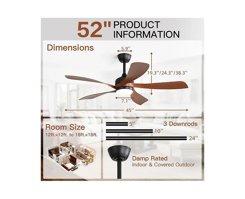 Sofucor 52-inch Modern Smart Standard Black 5-Blade Ceiling Fan with Remote Control and Led Light
