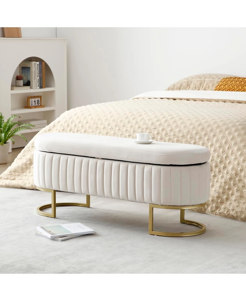Streamdale Velvet Oval Upholstered Storage Bench with Golden Metal Legs, 50" Beige