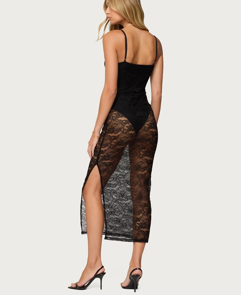 Edikted Women's Sheer Lace Built In Bodysuit Midi Dress