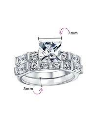 Bling Jewelry 2CT Square Cut Cz Cubic Zirconia Solitaire Promise Band Ring Set with Baguette Accents Sterling Silver