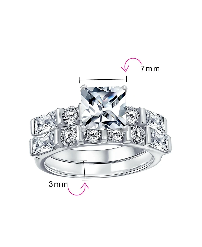 Bling Jewelry 2CT Square Cut Cz Cubic Zirconia Solitaire Promise Band Ring Set with Baguette Accents Sterling Silver