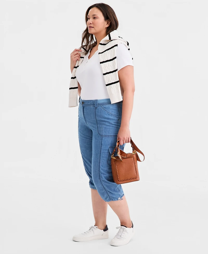 Style & Co Plus Mid-Rise Cotton Chambray Capri Pants, Macy's Exclusive
