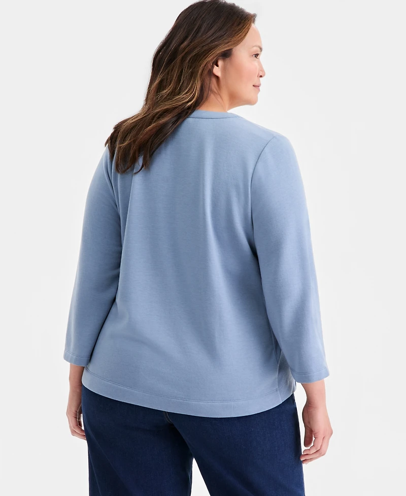 Style & Co Plus LuxLounge Fleece Split-Neck Long-Sleeve Top, Macy's Exclusive