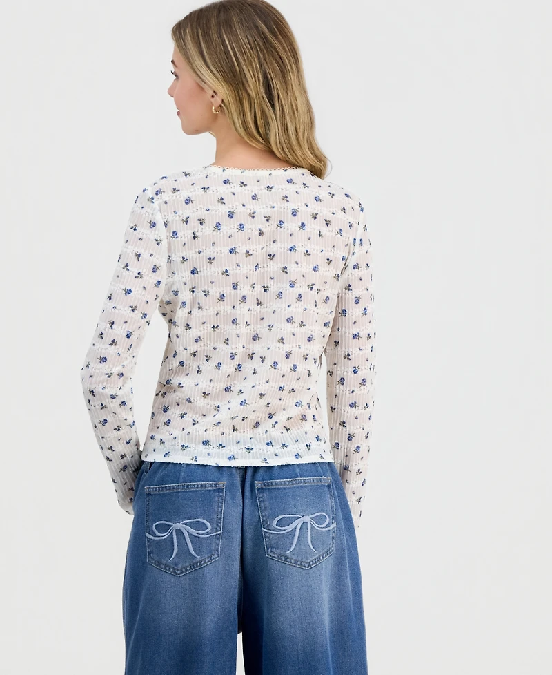 Madden Girl Juniors' Lace Long-Sleeve Woven Top
