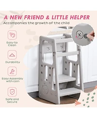 Qaba Toddler Tower with Adjustable Height, Toddler Kitchen Stool Helper with Anti-slip Mat, Step Stool for Kitchen, Bathroom