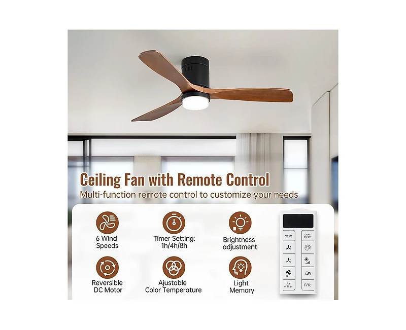 52-inch Modern Black 3-Blade Light Ceiling Fan with Remote Control and Supporting Mobile Device Connection