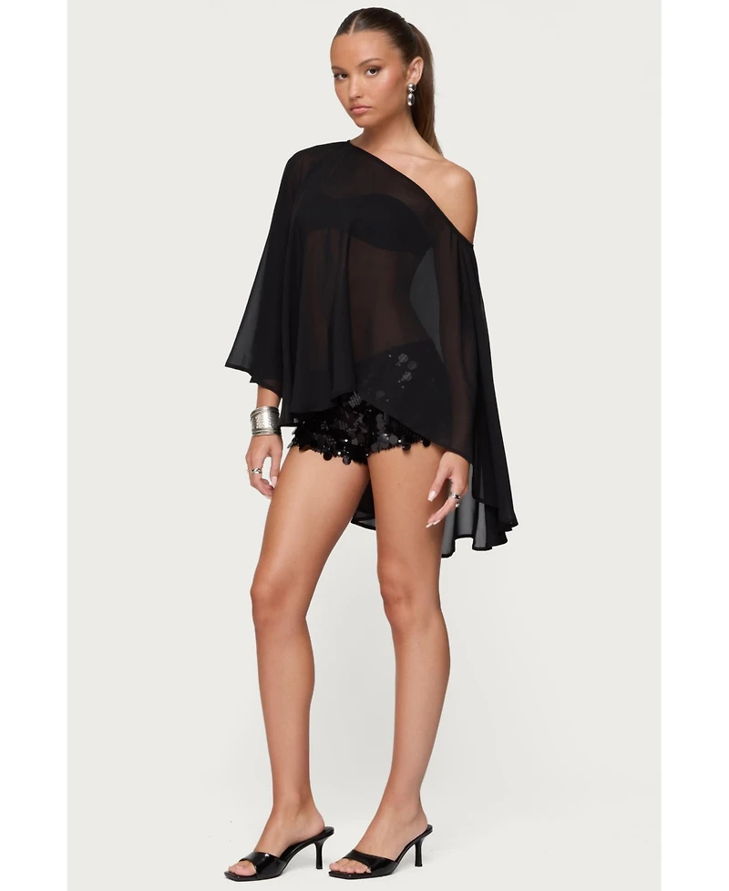 Edikted Women's Sheer Chiffon Asymmetric Poncho