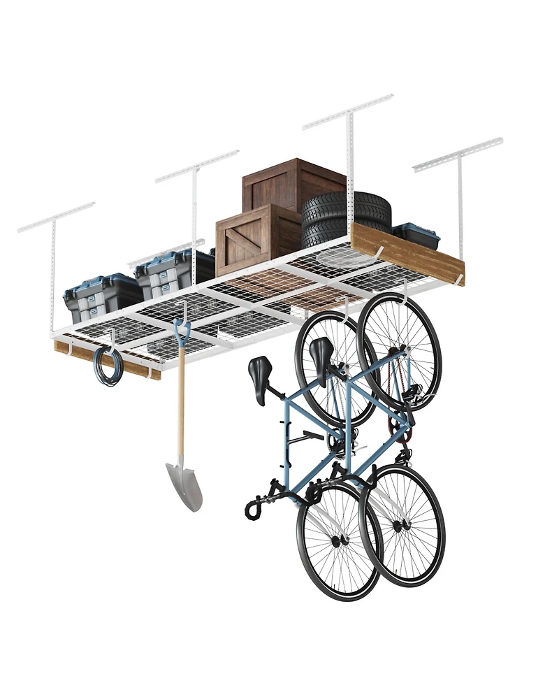 Fleximounts OHK38-e 36″ W × 96″ D Adjustable-Height Overhead Garage Storage Rack with 8 Hooks (White)
